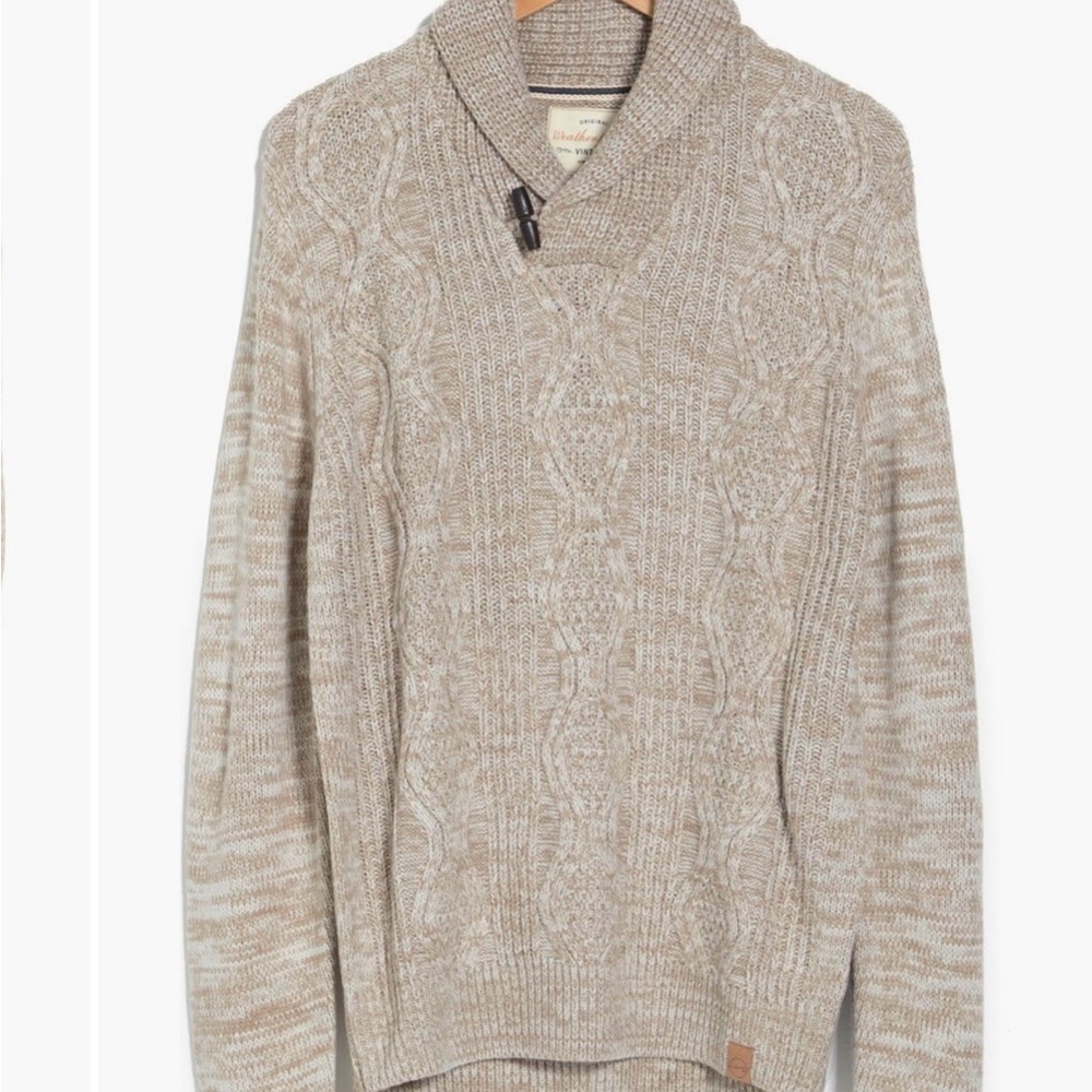 Weatherproof Men's Tan Cable Knit Shawl Collar Sweater w/ front toggle closure.